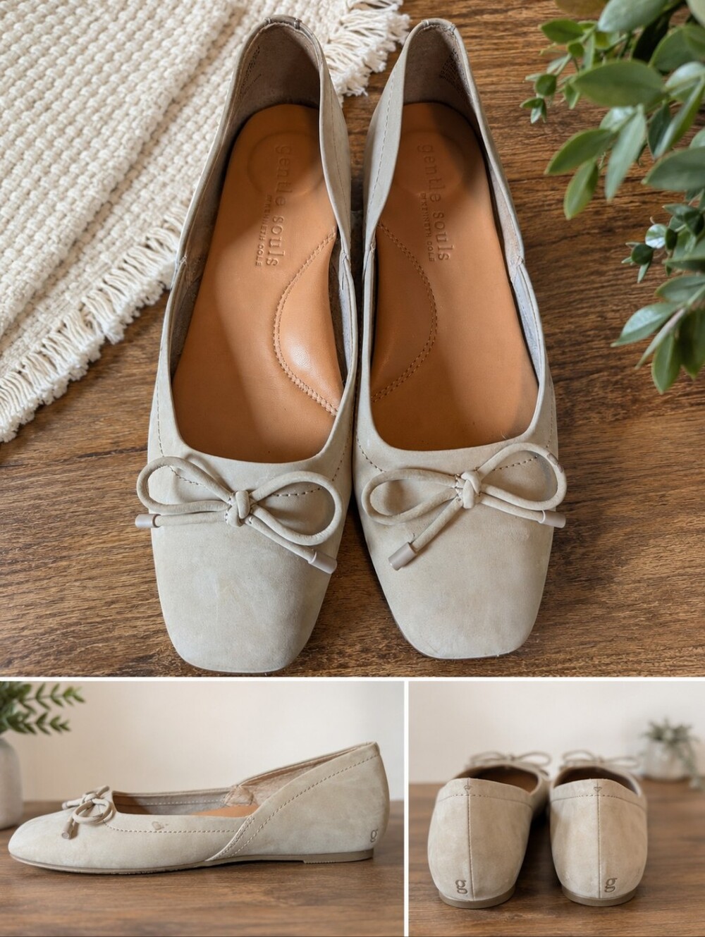 Gentle Souls Women’s Beige Suede Square Toe Ballet Flats with Bow